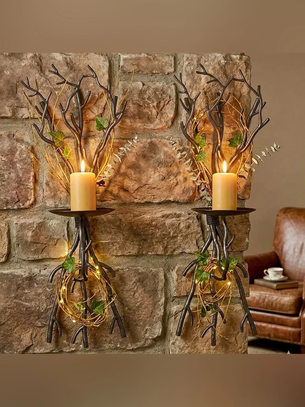 Crate & Barrel Twig Tree Branch Forged Iron Wall Sconces Candle Holders-Pair